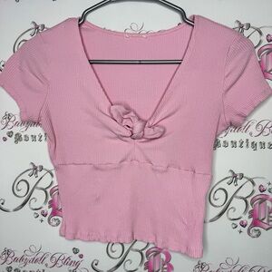 Garage tshirt top pink ribbon 🎀 bow tie up middle ribbed fabric stretchy cute